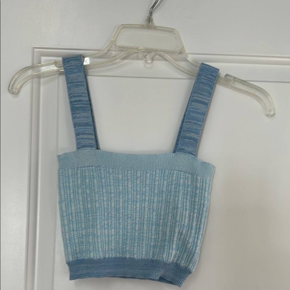 Blue Ribbed Sleeveless Crop Tank Top